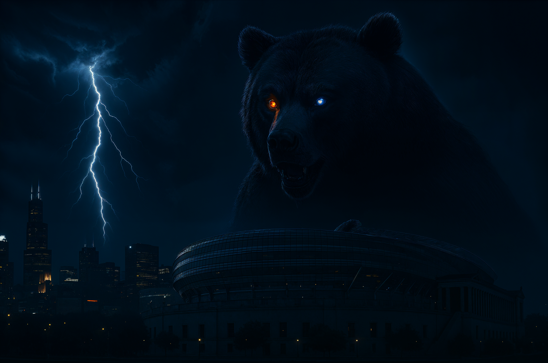 4K Ultra HD PC wallpaper: a giant bear with orange and blue glowing eyes looming over a Chicago Bears NFL stadium at night, lightning illuminating the dark city skyline.