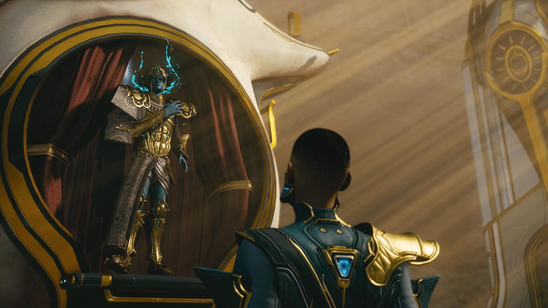 Video game Warframe 2K Quad HD desktop wallpaper depicting a god-like armored Warframe facing an ornate shrine, bathed in dramatic golden light.