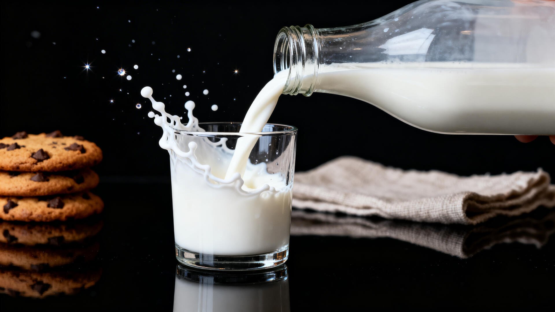 4K Ultra HD PC desktop wallpaper: milk pouring from a bottle into a glass with a splash on a reflective black surface, cookies and a folded cloth nearby.