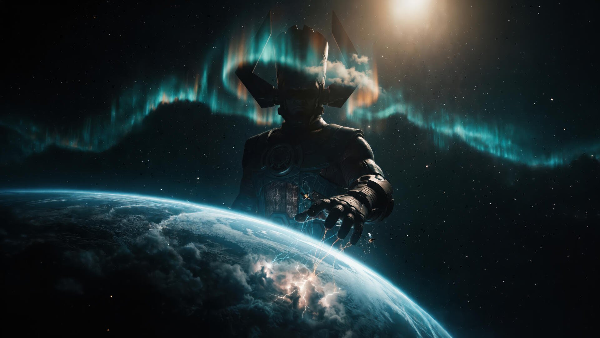 5K Ultra HD PC desktop wallpaper of Galactus, a towering supervillain looming over Earth beneath a glowing aurora borealis.