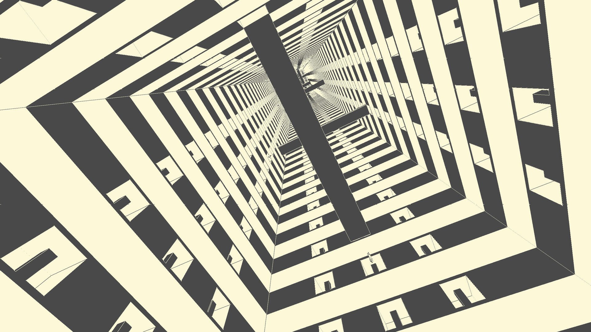 Gruvbox-toned drawing of a Brutalist atrium seen upward through repeating rectangular decks, high-contrast beige and dark brown — HD PC desktop wallpaper.