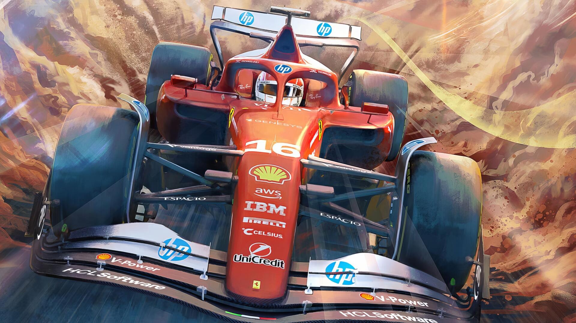 HD PC desktop wallpaper: red Ferrari SF-25 F1 race car of Scuderia Ferrari, front close-up with sponsor logos and a dynamic, blurred track background.