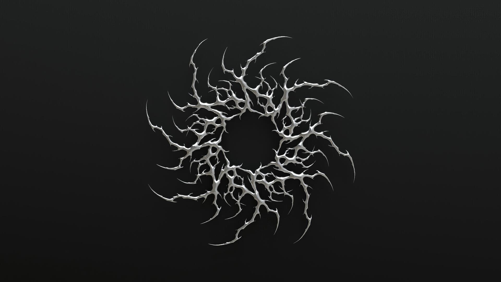Dark gothic cybersigilism spiral of jagged white tendrils on a black gradient — HD PC desktop wallpaper and background.
