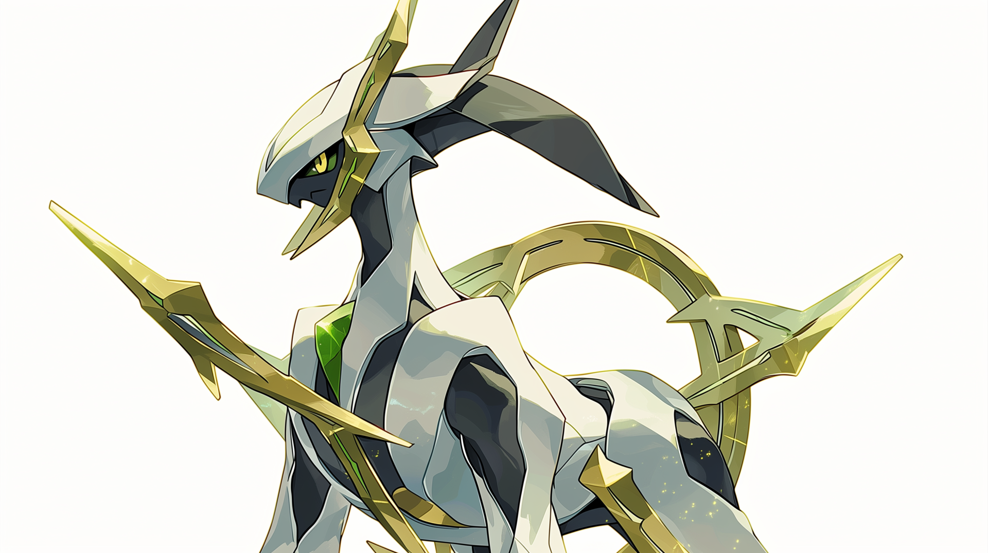 White anime-style depiction of Arceus, the legendary Pokémon, with gold ring accents — 2K Quad HD PC desktop wallpaper and background.