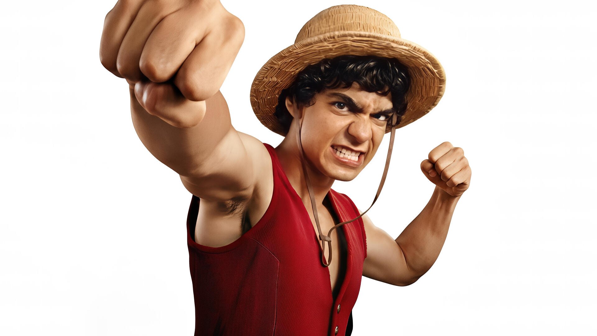 One Piece (Live Action) 4K Ultra HD PC wallpaper: live-action Luffy in straw hat and red vest punches toward the viewer with a fierce grin on a white background.