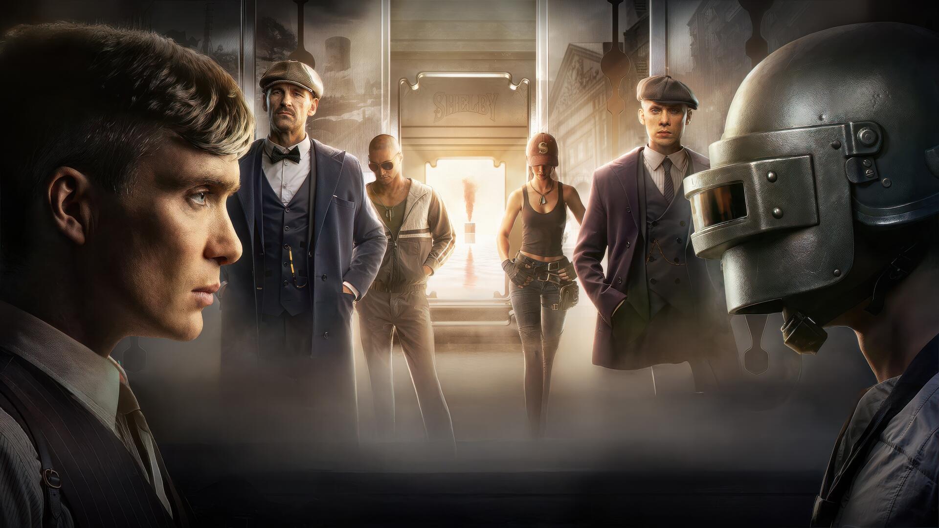 PUGB 4K Ultra HD PC desktop wallpaper/background: tense standoff in a dim industrial corridor — suited fighters converge while a helmeted soldier faces them through smoke and dramatic backlight.