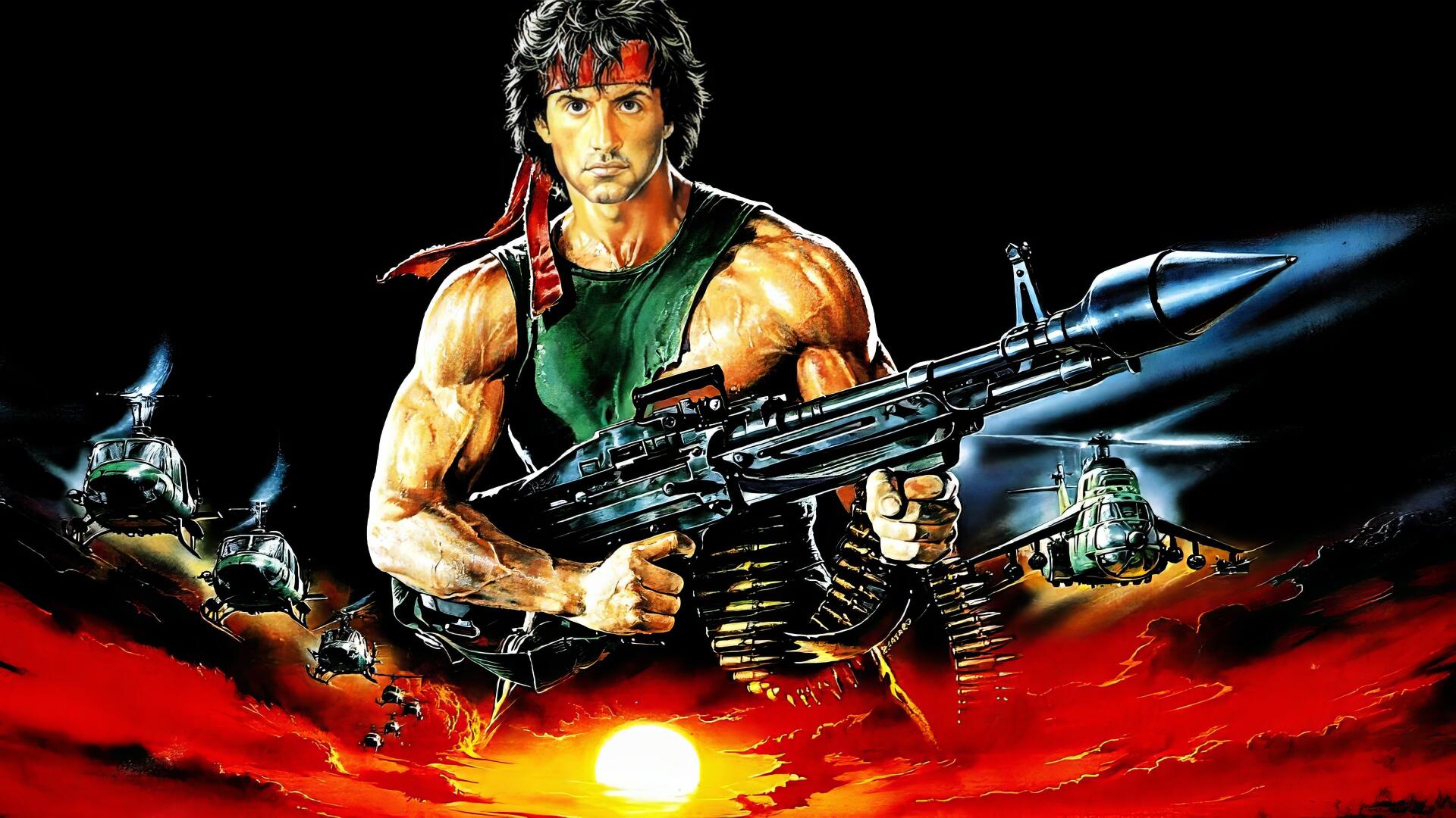 Rambo III 4K Ultra HD PC desktop wallpaper and background: muscular warrior with red headband wielding a heavy machine gun amid helicopters and a blazing sunset.