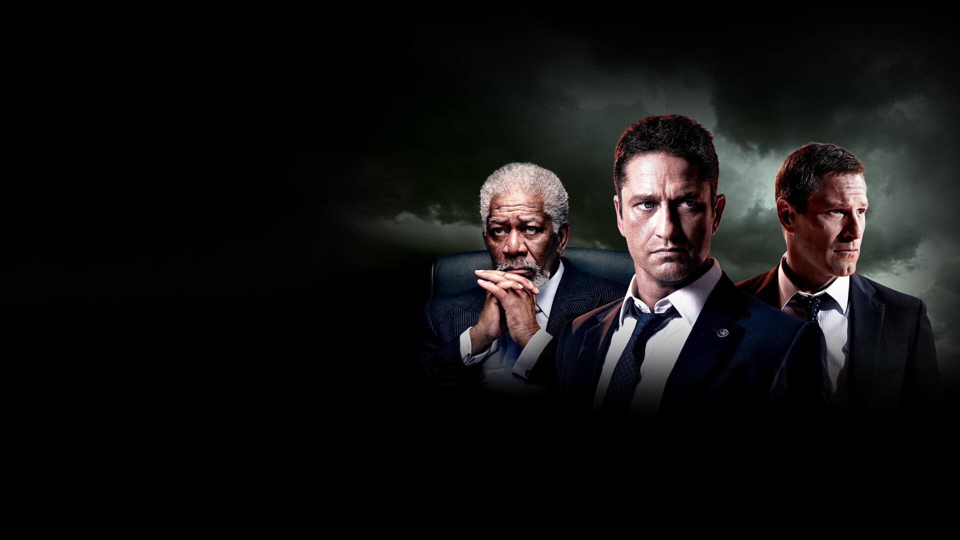 Londres Has Fallen: three suited men in dramatic light against a dark, smoky backdrop. 4K Ultra HD PC desktop wallpaper/background.