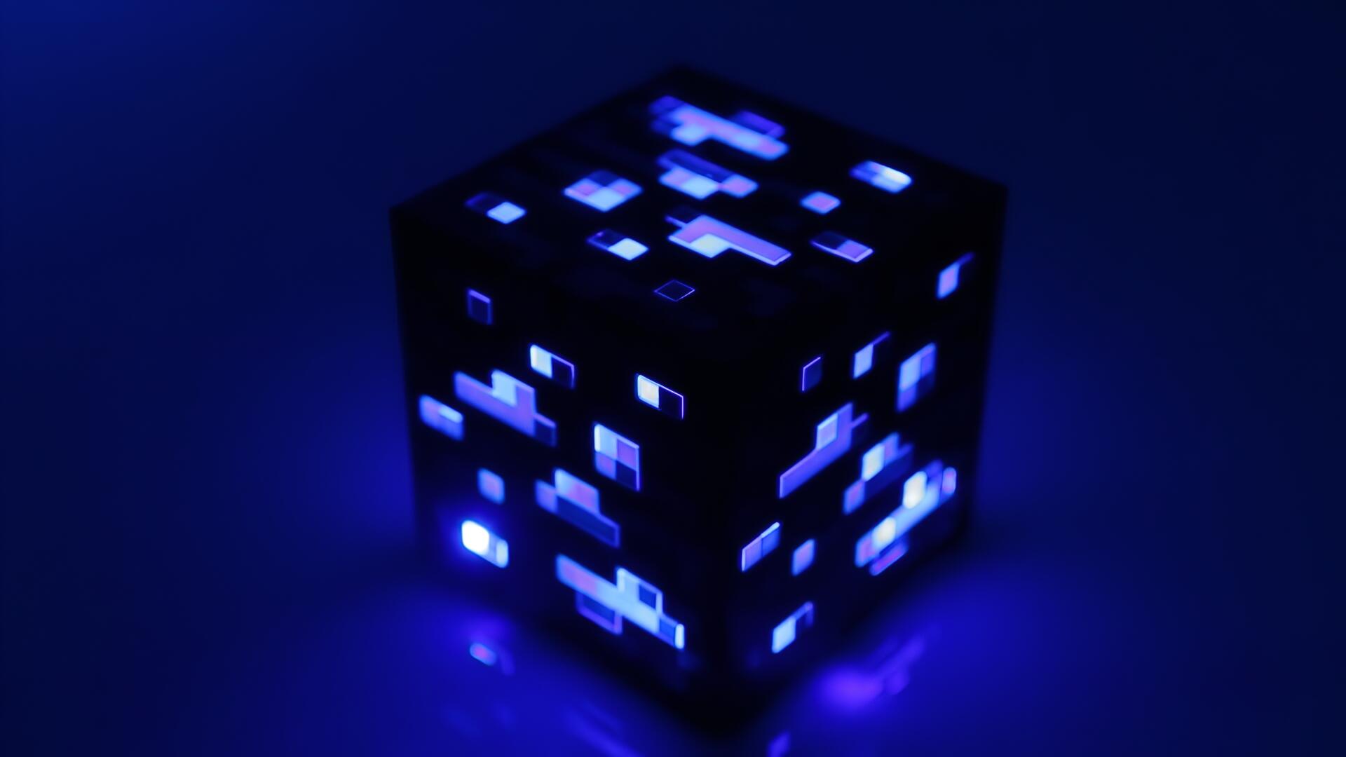 Blue-glowing Minecraft ore block casting neon light on a dark backdrop — 4K Ultra HD PC desktop video game wallpaper.