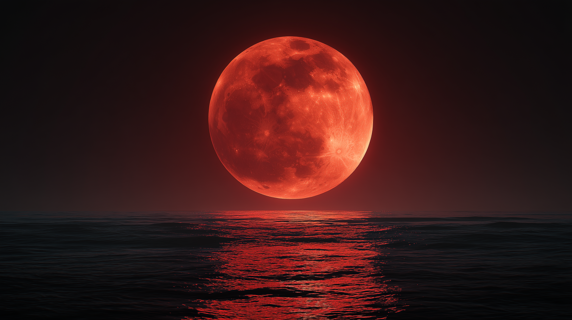 2K Quad HD PC desktop wallpaper: a blood-red full moon over a dark sea, its red reflection rippling across the water in a dramatic coastal landscape.