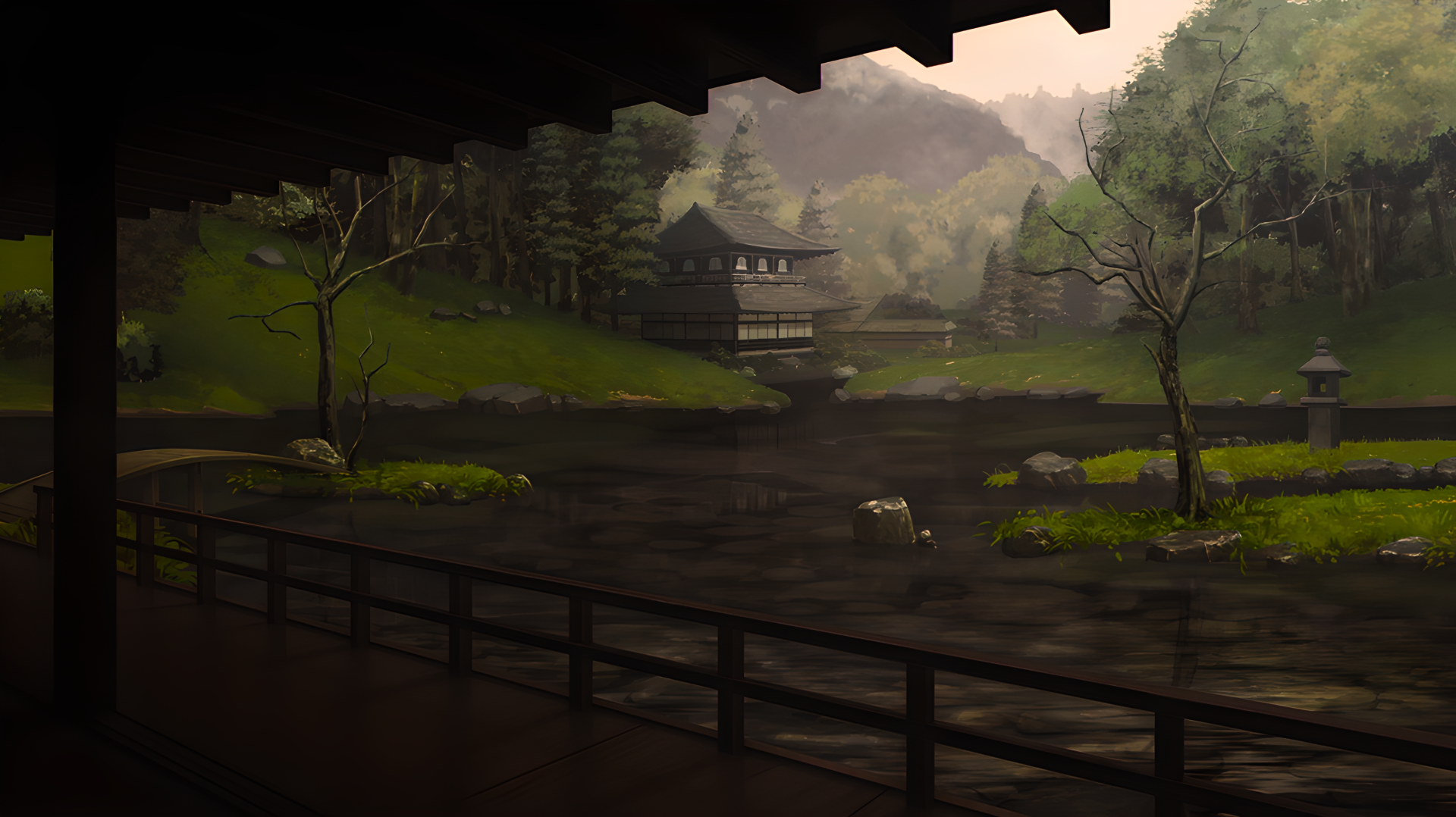 4K Ultra HD PC desktop wallpaper background: feudal Japanese porch overlooking a misty forest lake with a distant wooden estate.