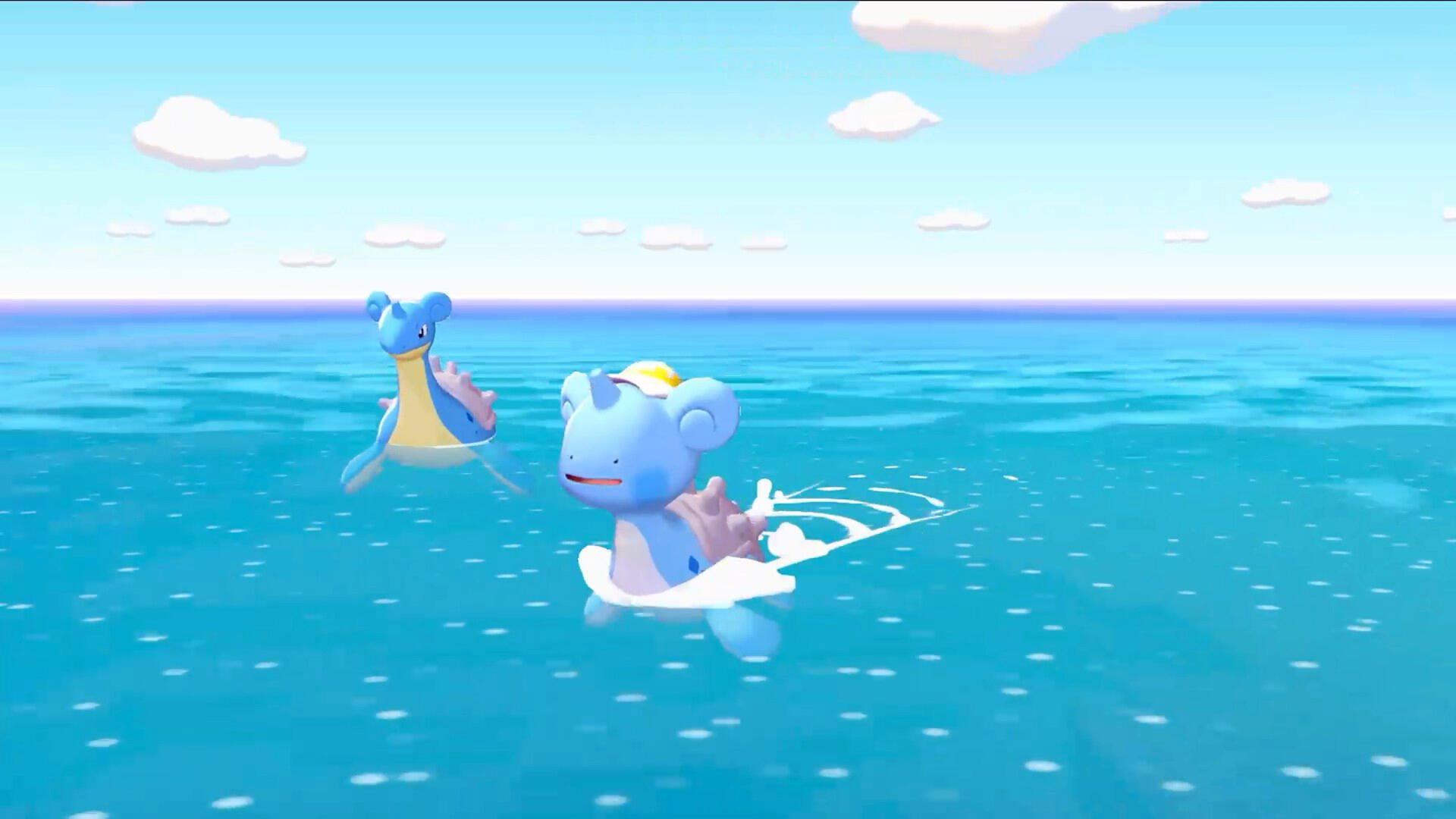 Pokémon Pokopia HD PC wallpaper: two blue water Pokémon riding gentle waves on a calm ocean beneath a pastel sky.