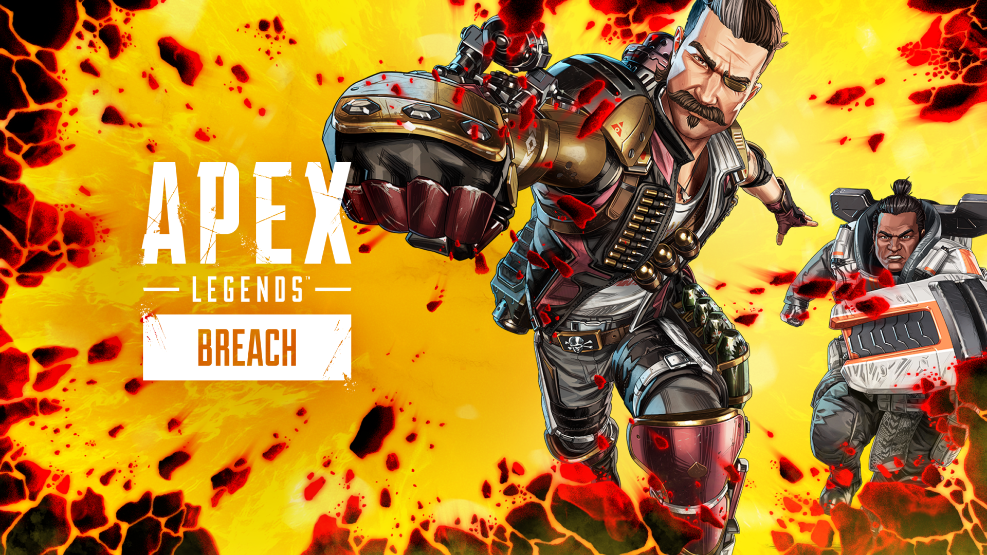 Apex Legends (Breach) charging forward amid explosions on a vivid yellow-orange backdrop - video game 2K Quad HD PC desktop wallpaper/background.
