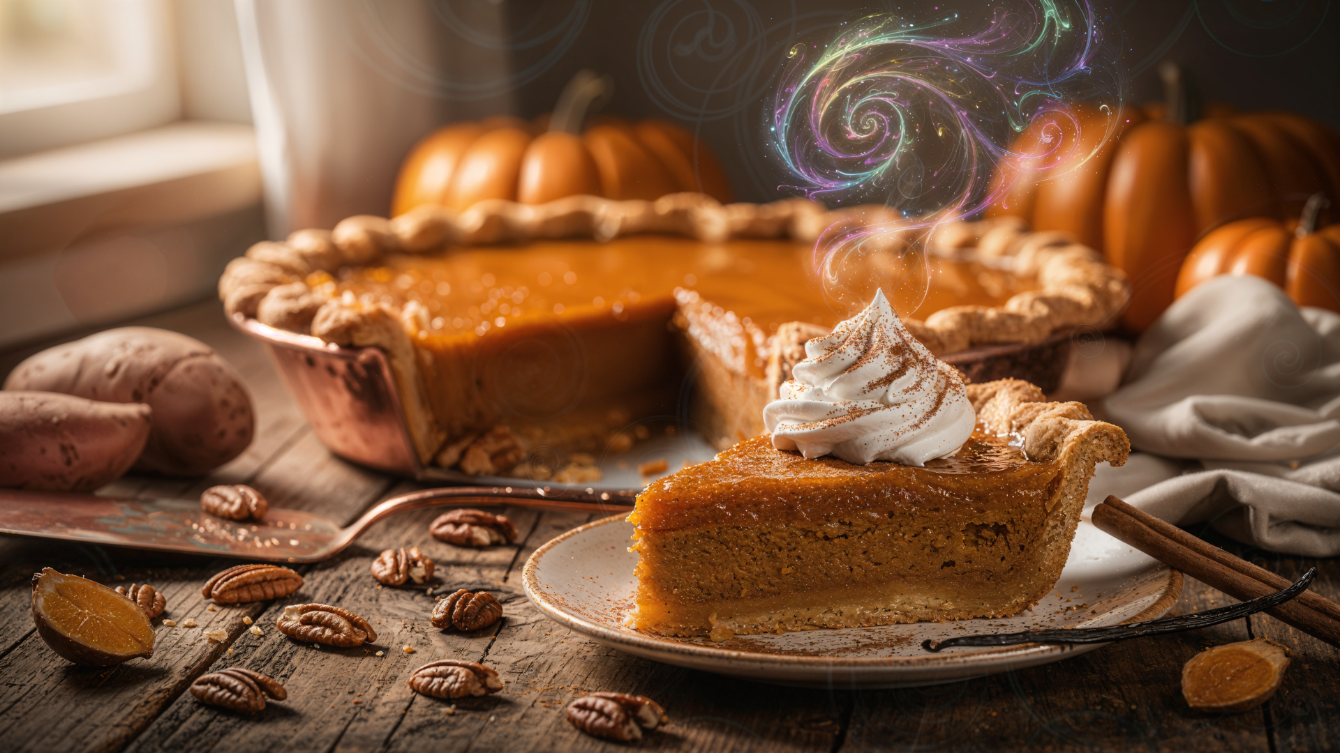4K Ultra HD PC Desktop Wallpaper and Background — warm close-up of a sweet potato pie slice with whipped cream, whole pie, pecans and pumpkins on a rustic autumn table.