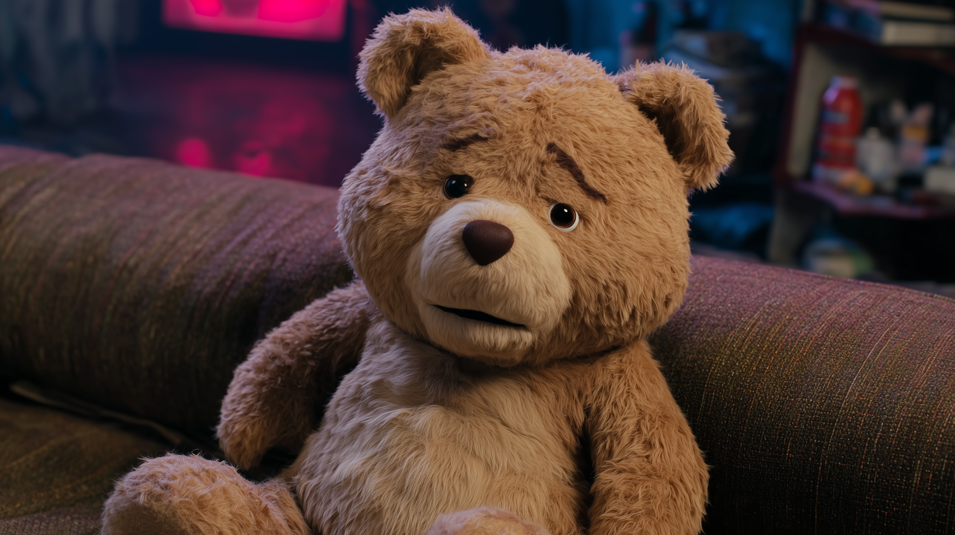 Close-up of Ted, the plush bear from the Ted TV show/movie, seated on a couch in a dim living room — 2K Quad HD PC desktop wallpaper/background.