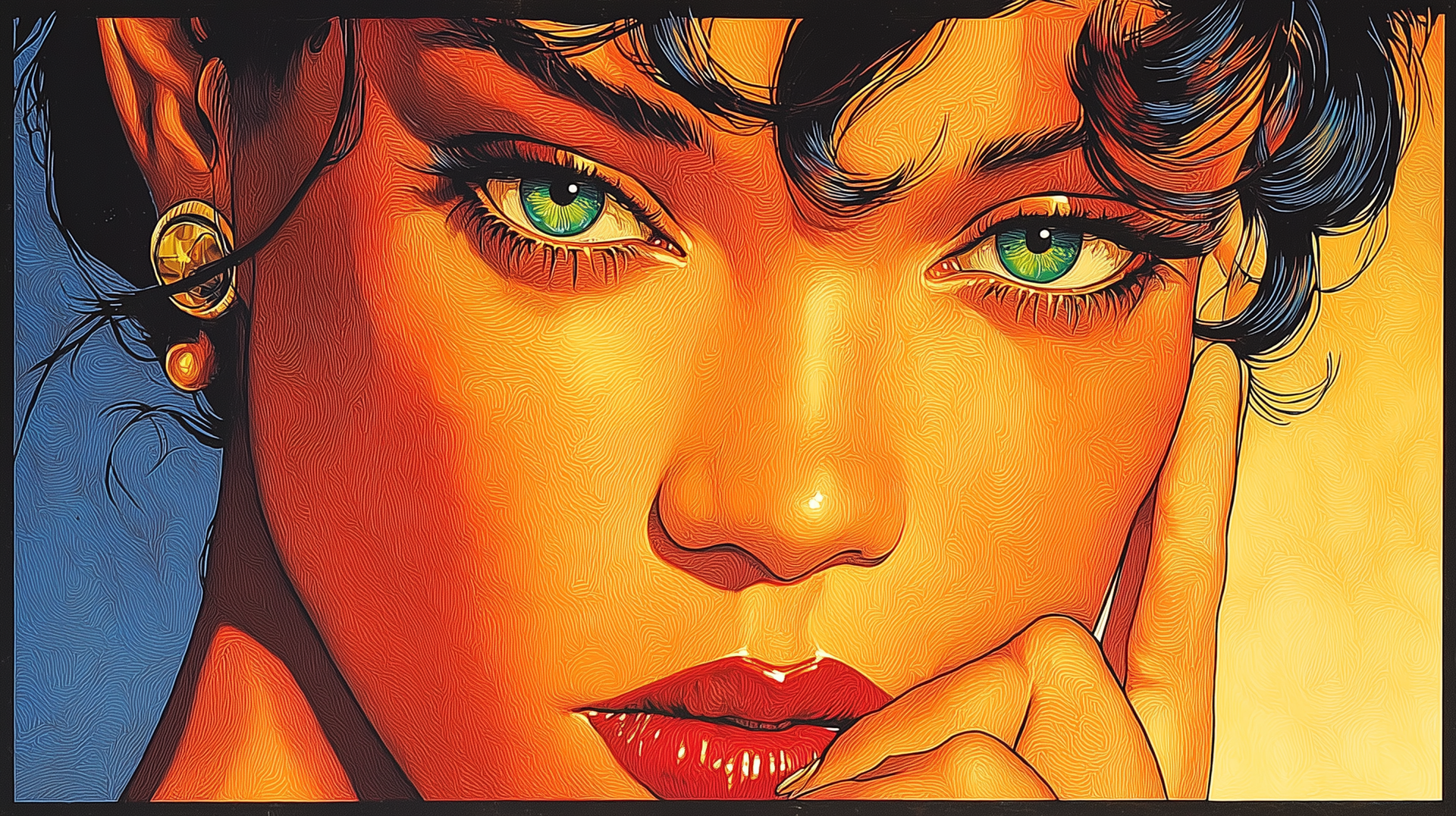 Artistic 2K Quad HD PC desktop wallpaper: stylized celebrity portrait with striking green eyes, glossy red lips and warm, sunlit golden skin tones.