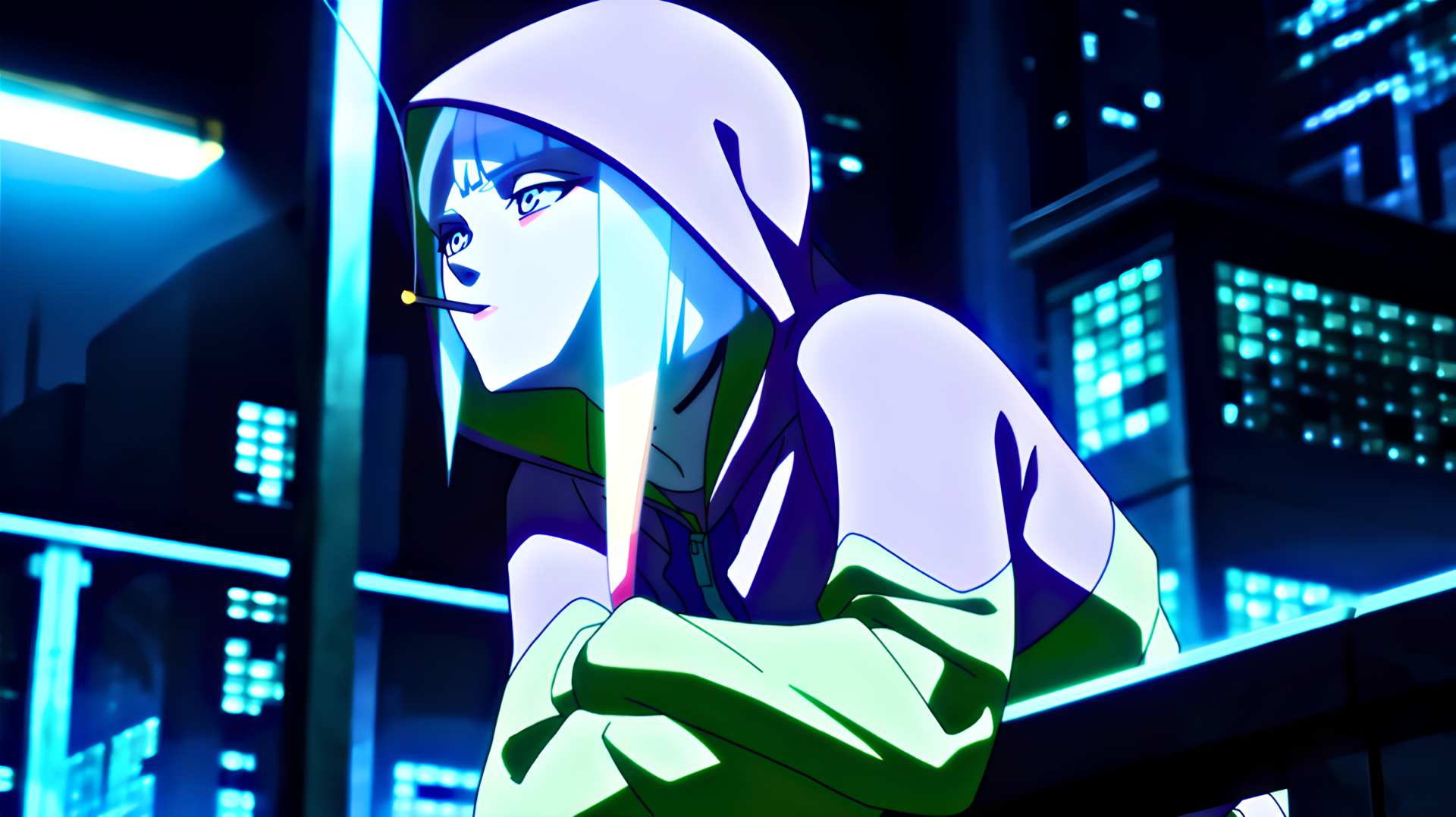 4K PC wallpaper: Lucy from Cyberpunk: Edgerunners — hooded anime girl in a sweater, smoking on a neon-lit rooftop against a futuristic cityscape.
