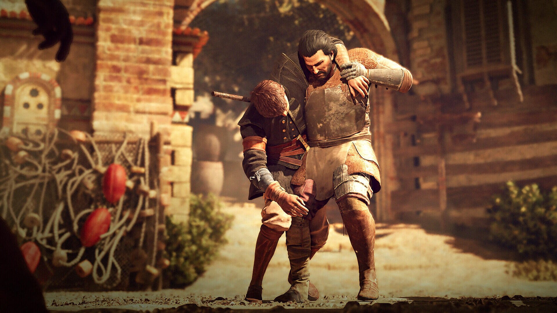 GreedFall: The Dying World video game HD PC desktop wallpaper/background showing two armored combatants grappling in a sunlit, rustic colonial-style village street.