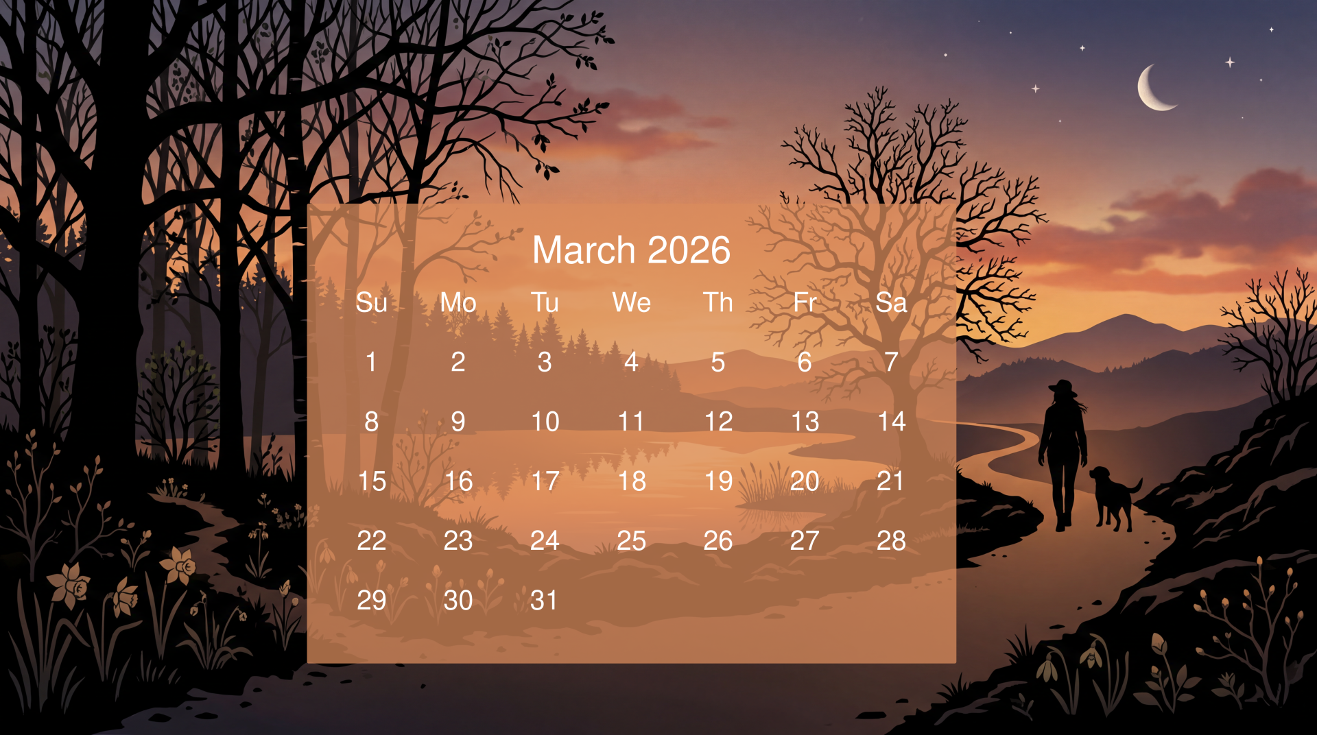 March 2026 calendar overlaid on 5K Ultra HD PC desktop wallpaper and background: silhouetted couple by a riverside at dusk, crescent moon, bare trees and distant mountains.