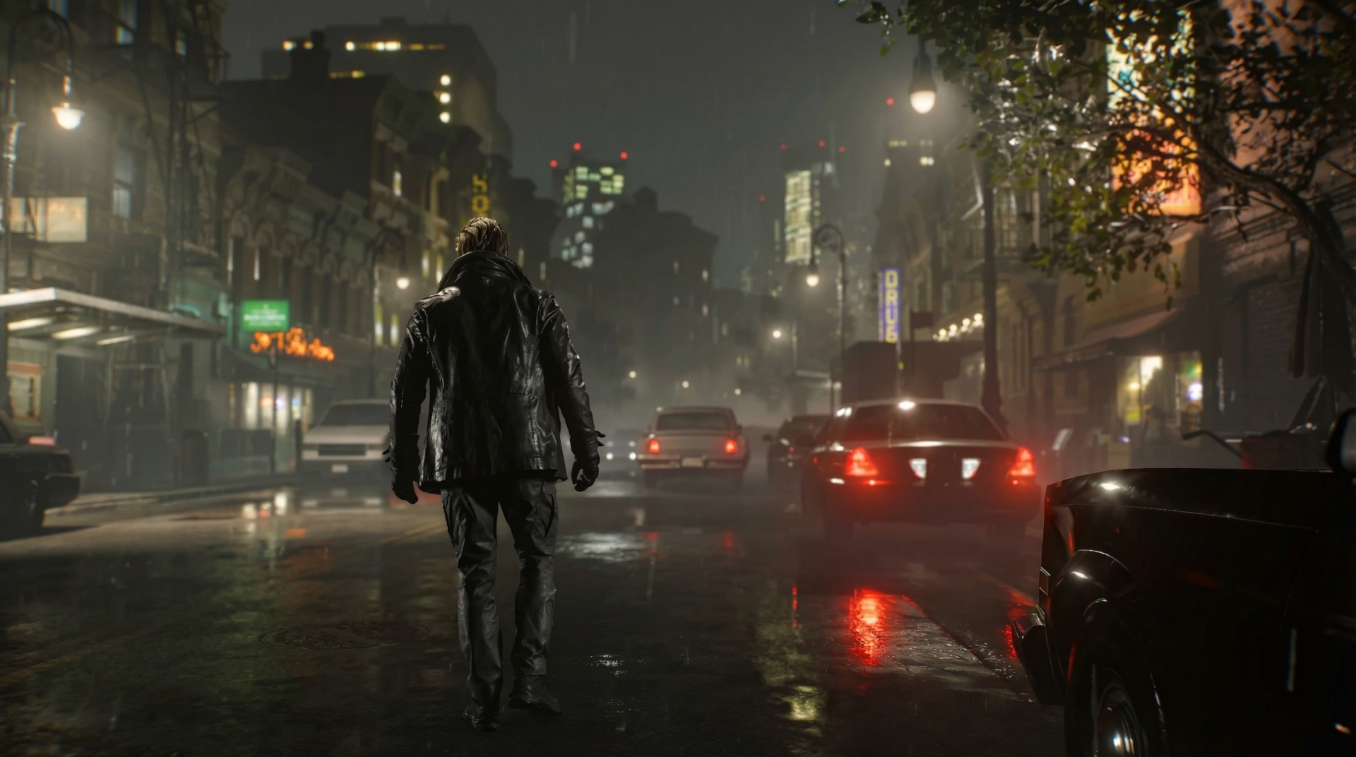 Resident Evil Requiem (Capcom) 2K Quad HD PC desktop wallpaper: Leon S. Kennedy walks a rain-slick neon city street at night, cinematic horror video game scene.