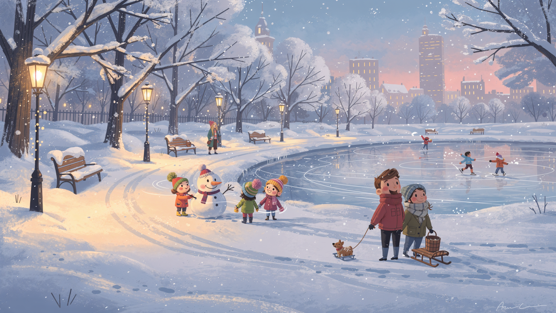 4K Ultra HD PC desktop wallpaper: snowy park at dusk, families building a snowman and ice-skaters on a frozen pond under lamplight and falling snow.