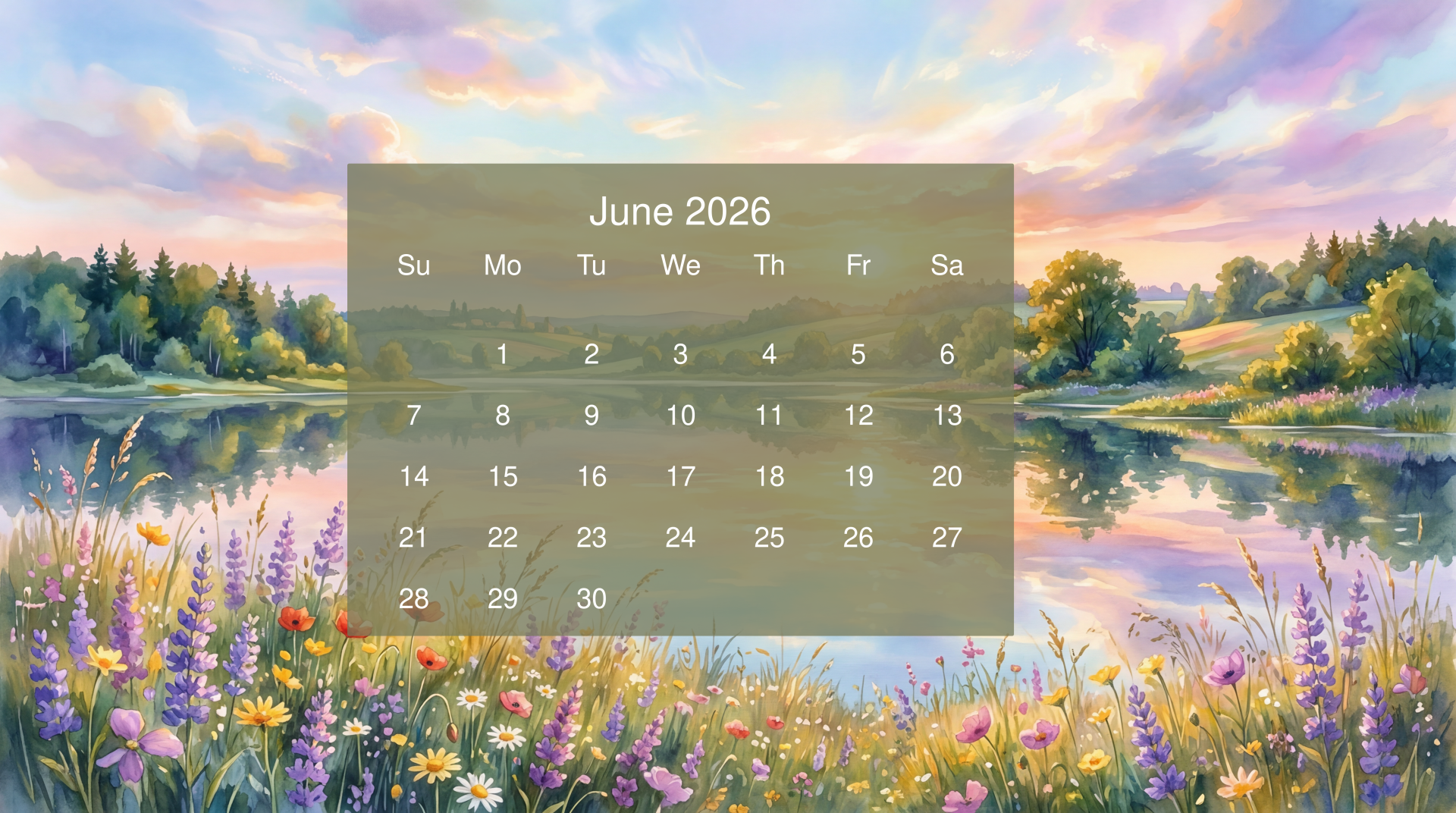 June 2026 calendar overlaid on a 5K Ultra HD PC desktop wallpaper: pastel lakeside landscape with wildflowers, trees and reflective water at sunrise.