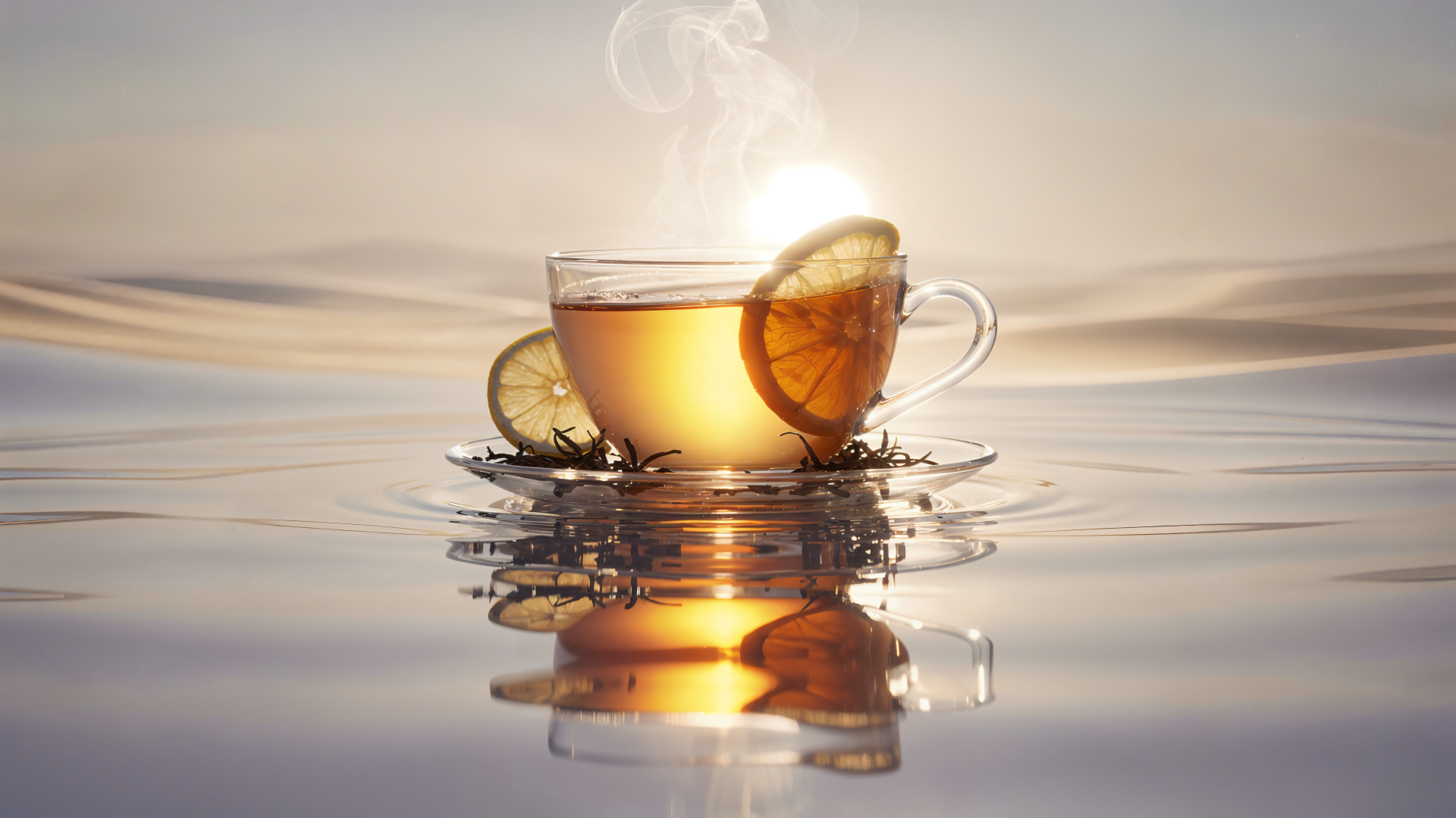4K Ultra HD PC desktop wallpaper background: steaming cup of Earl Grey tea with a lemon slice, gently reflected on calm water under soft sunrise light.