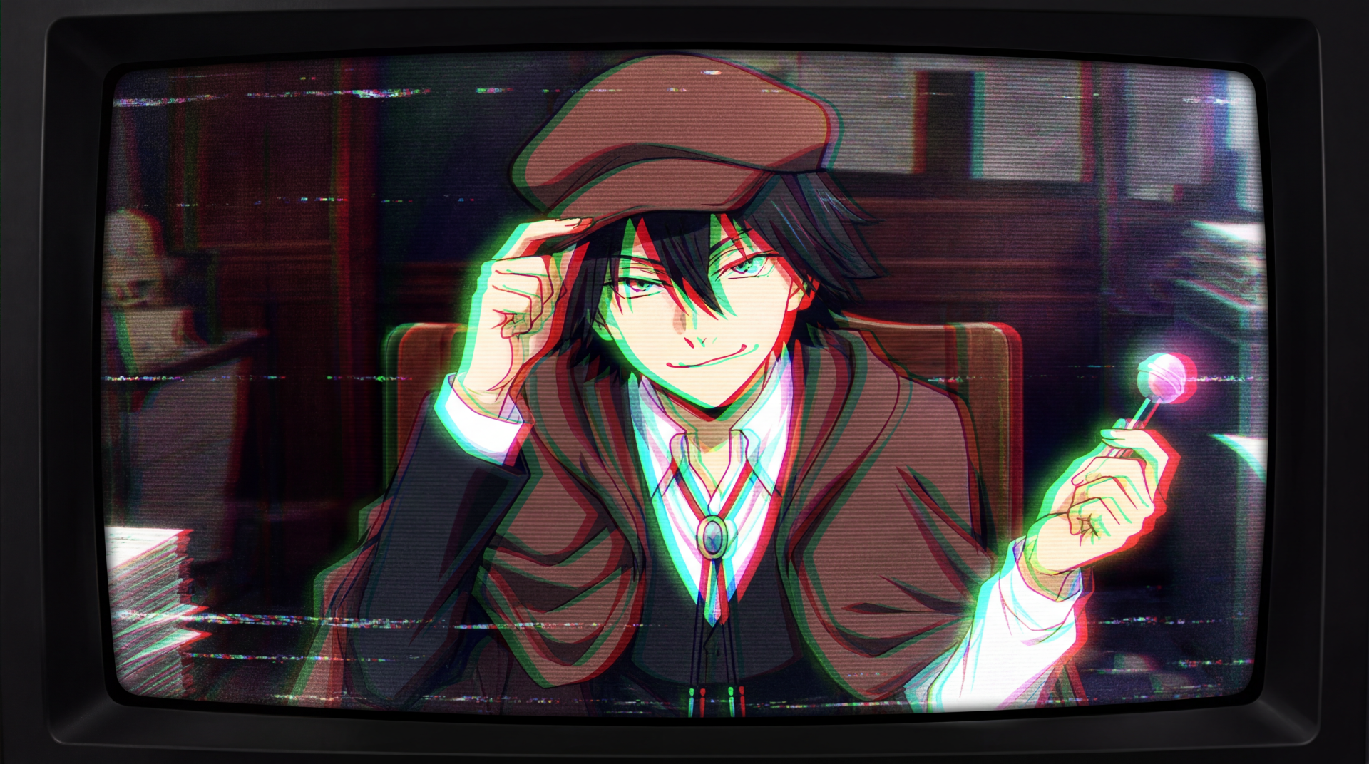 Ranpo Edogawa in a detective cap and cloak, smirking while holding a lollipop amid retro CRT-glitch effects — 5K Ultra HD PC Desktop Wallpaper and Background.