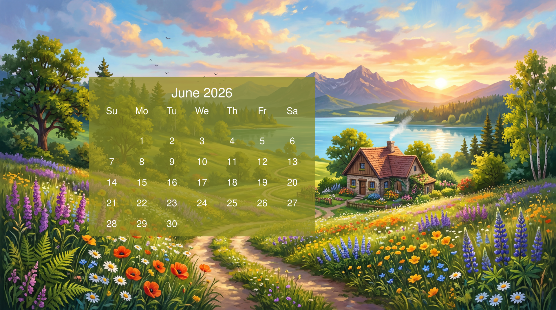 June 2026 calendar on a 5K Ultra HD PC desktop wallpaper and background: sunrise over a lake and mountains, a cottage beside a colorful wildflower meadow with a winding path.