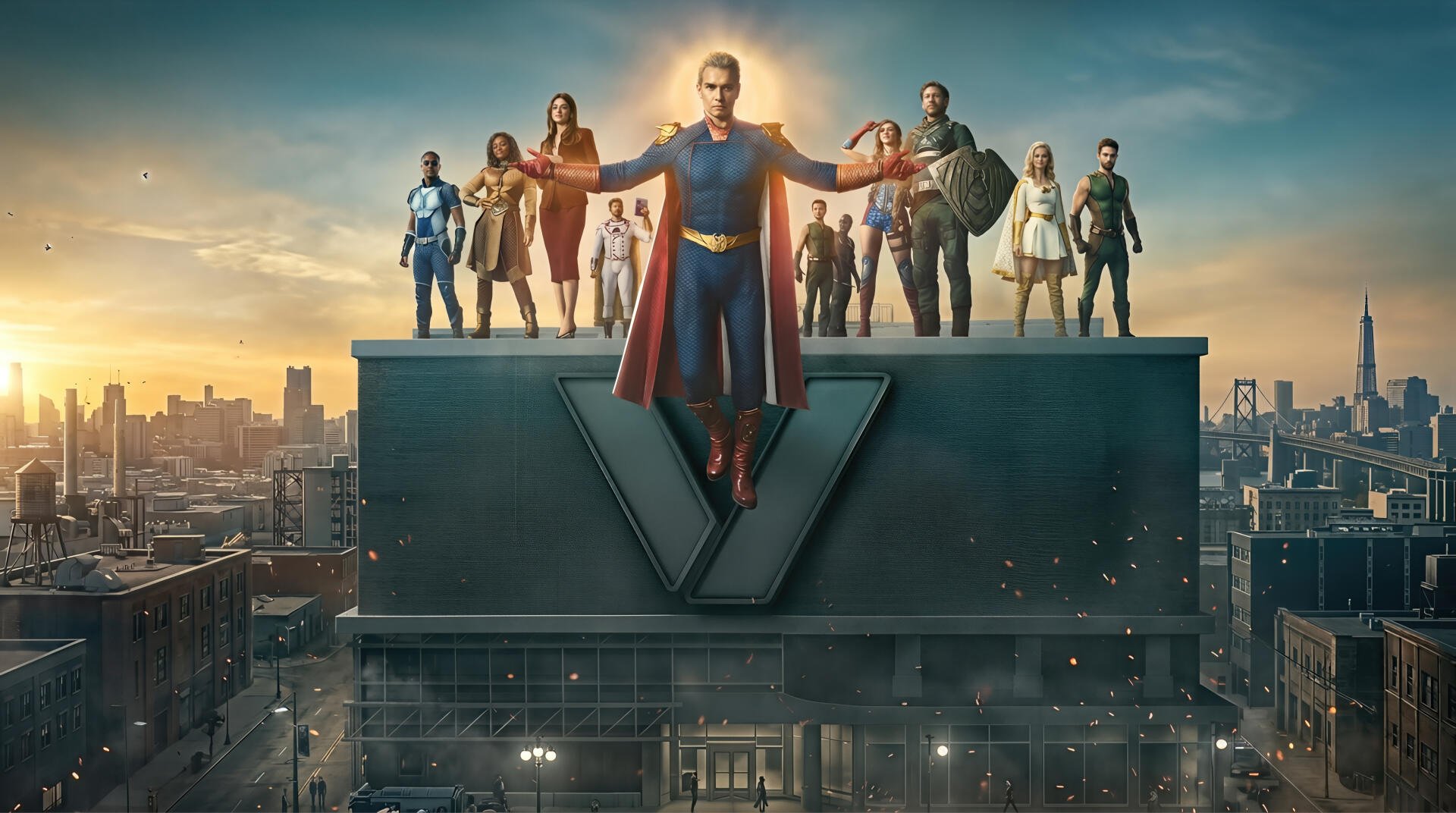 4K Ultra HD PC wallpaper: Homelander from TV show The Boys (2019) stands arms out on a rooftop ledge with the Seven behind him, city skyline at dawn.