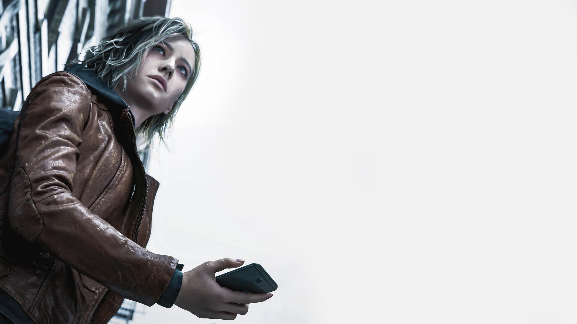 Grace Ashcroft from Resident Evil Requiem, in a leather jacket holding a device against a white 2K Quad HD PC desktop wallpaper background.