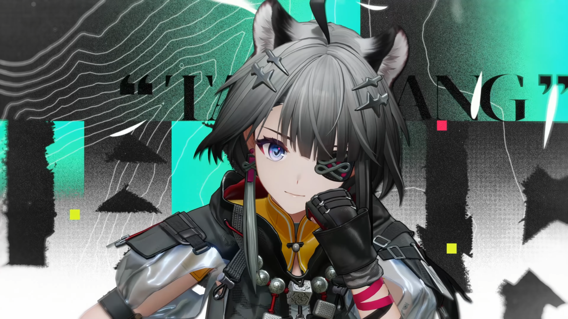 2K Quad HD PC desktop wallpaper of Tangtang from the video game Arknights: Endfield — gray-haired operator with an eye patch, tactical armor and teal-accented abstract background.