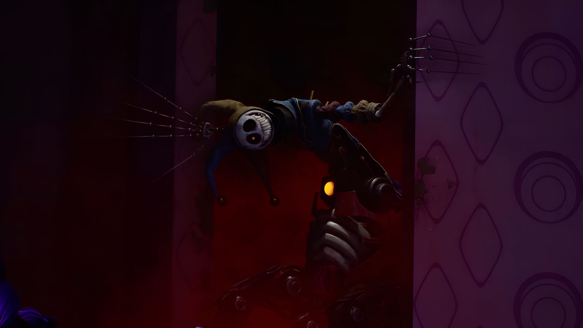 Poppy Playtime horror game wallpaper: sinister toy puppet with needle-like spines and one glowing eye peering from a dark doorway — 4K Ultra HD PC desktop background