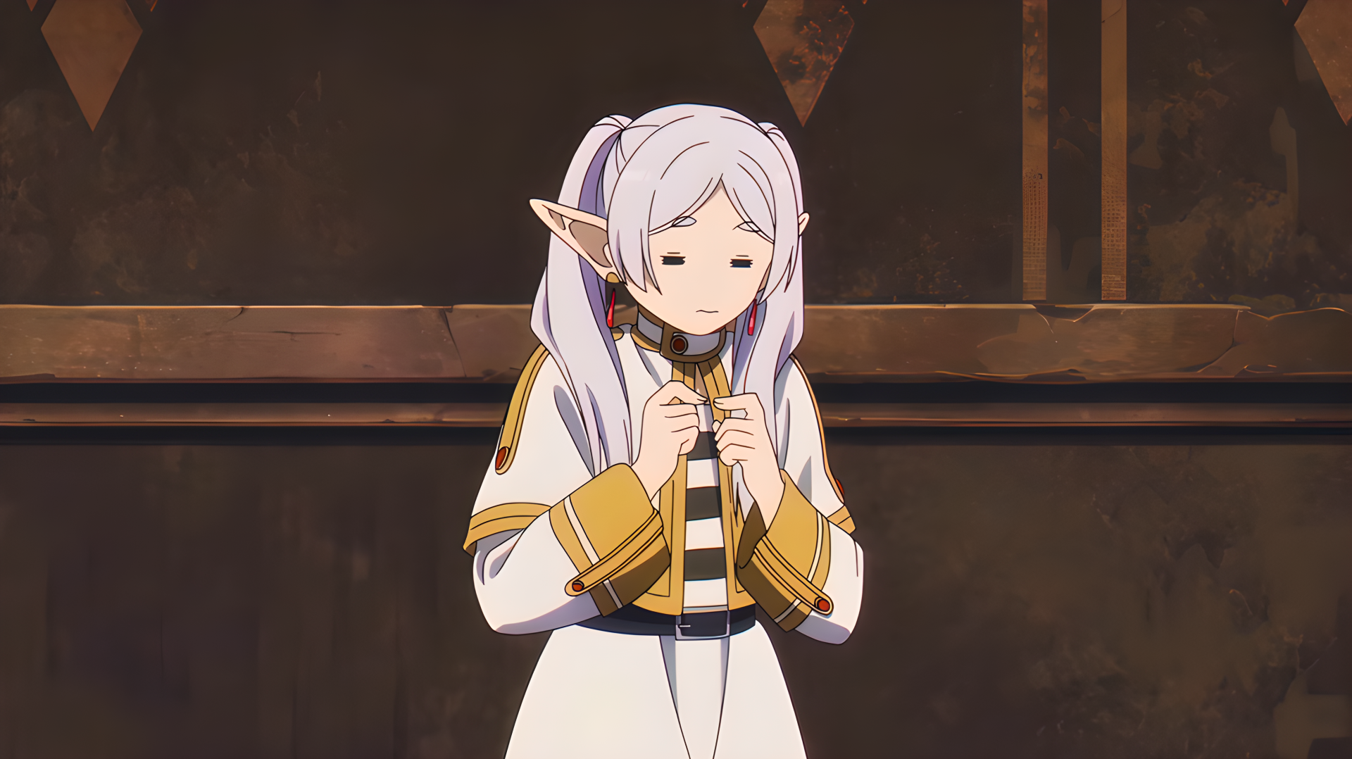 Frieren (Frieren: Beyond Journey's End): white‑haired elf anime girl with a sheepish smile against a dim fantasy interior — 4K Ultra HD PC desktop wallpaper.