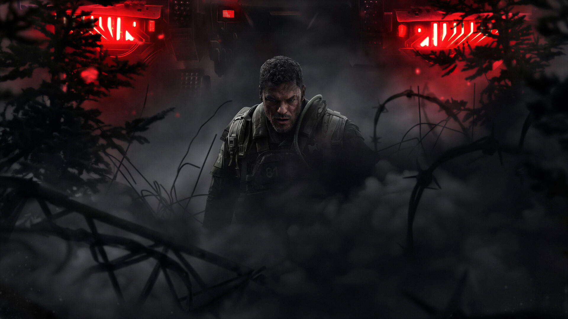 War Machine (2026) armored soldier emerging from smoke and twisted debris beneath red lights — 4K Ultra HD PC desktop wallpaper/background.