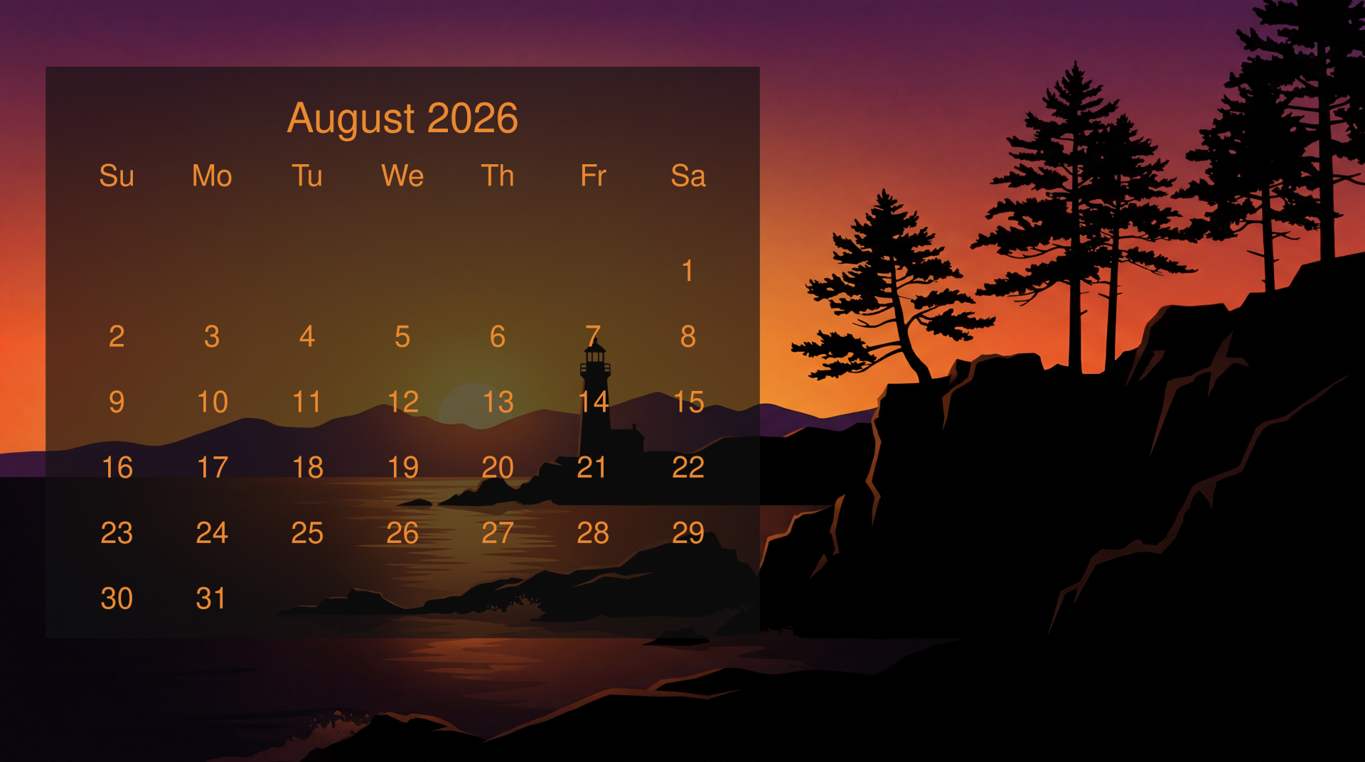 August 2026 calendar overlay on 5K Ultra HD PC desktop wallpaper: silhouetted pines and rocky cliffs at sunset, calm water reflecting the warm sky.