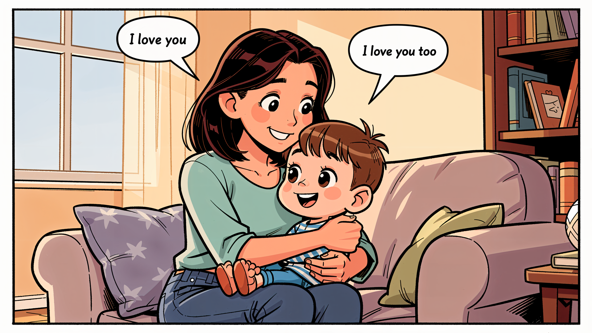 4K Ultra HD PC desktop wallpaper: cartoon mother hugs her smiling young child on a couch, both saying I love you in speech bubbles.