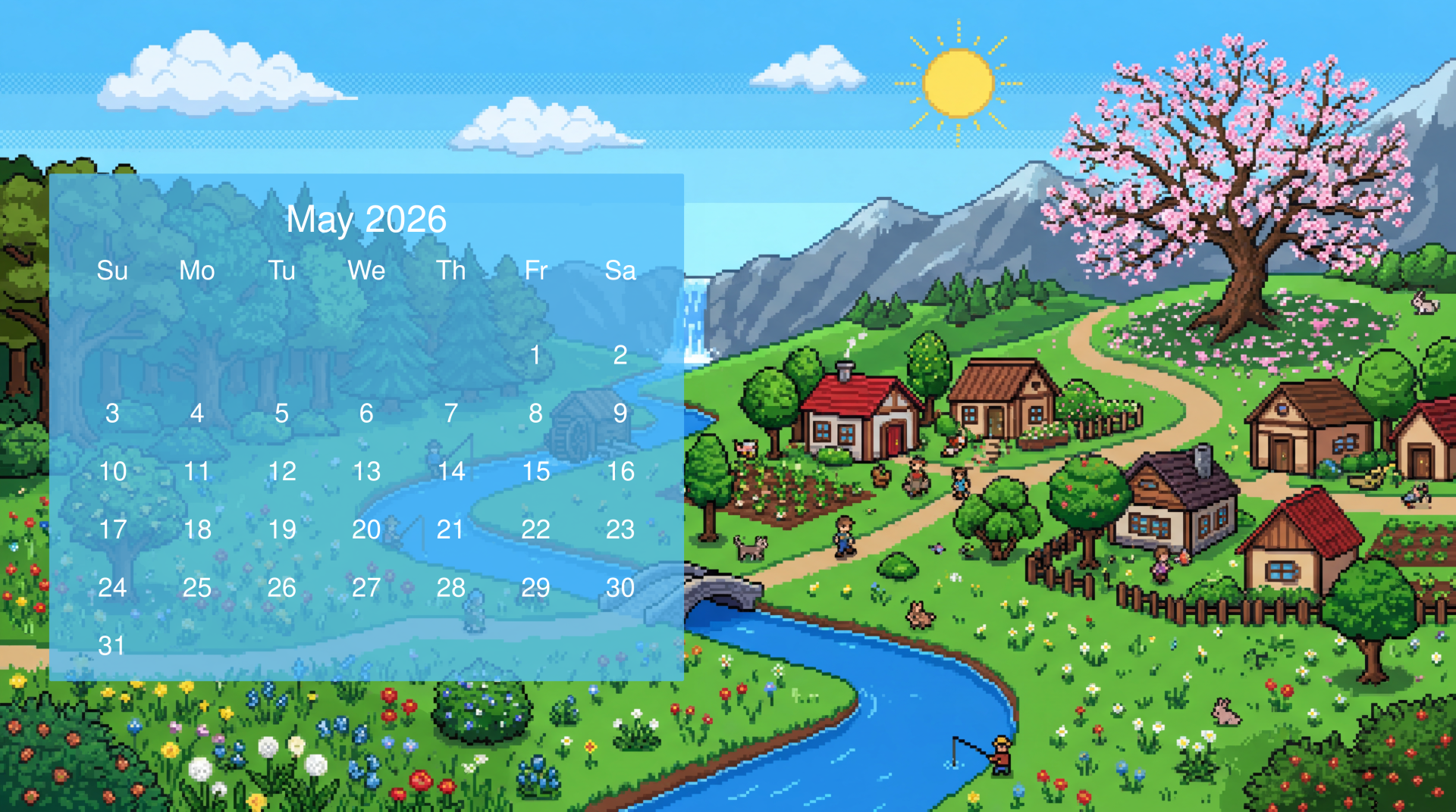May 2026 calendar overlaid on 5K Ultra HD PC desktop wallpaper and background: cartoon countryside with river, cottages, mountains, sun and a blooming tree.