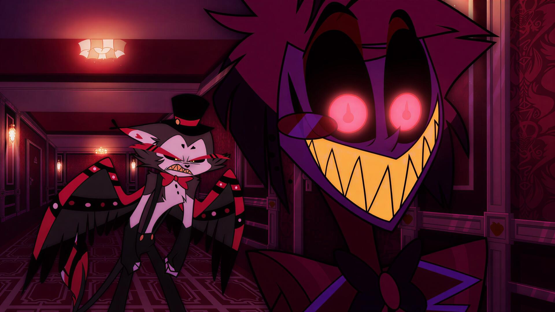 HD PC desktop wallpaper from the TV show Hazbin Hotel: menacing close-up of Alastor with glowing eyes and sharp grin, Husk behind him in a dim, crimson hotel corridor.