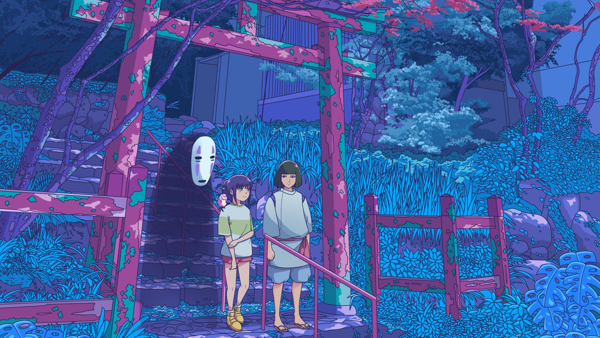 4K Ultra HD PC desktop wallpaper from the movie Spirited Away (Studio Ghibli) showing Haku (Spirited Away), Chihiro and No-Face (Spirited Away) by a torii gate in a blue night forest.