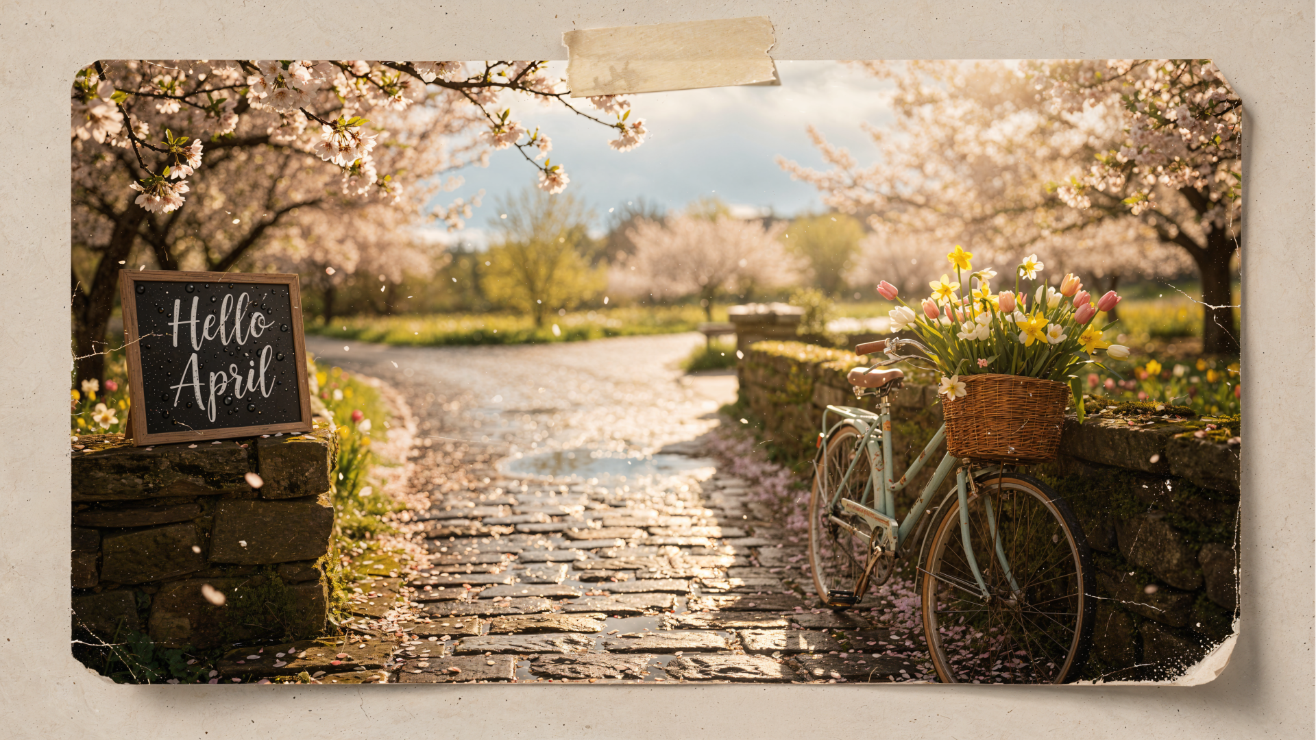 4K Ultra HD PC desktop wallpaper: sunlit cobblestone path through a blossoming orchard, vintage bicycle with tulip basket and Hello April sign.