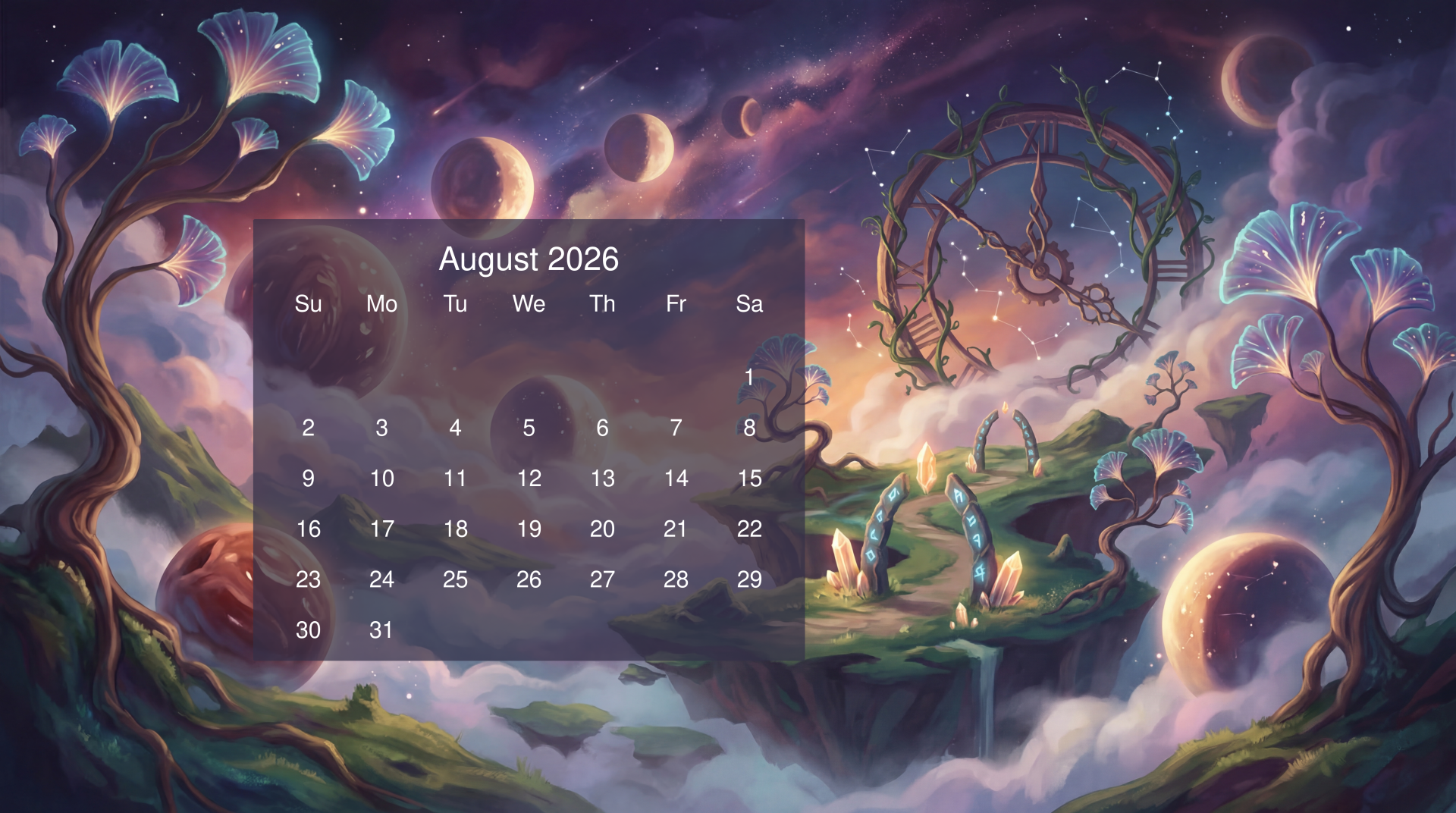 Whimsical celestial landscape with floating islands, planets and a clockwork tree, overlaid by an August 2026 calendar; 5K Ultra HD PC desktop wallpaper and background.