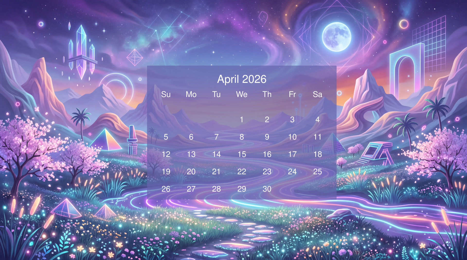 Dreamy neon pastel landscape with floating moon, crystal spires and glowing river; centered translucent April 2026 calendar — 5K Ultra HD PC desktop wallpaper/background.