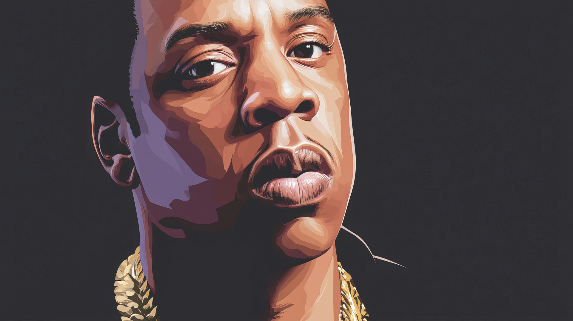 Stylized close-up digital portrait of a male rapper and singer with gold chains, dark background — 2K Quad HD PC desktop wallpaper.