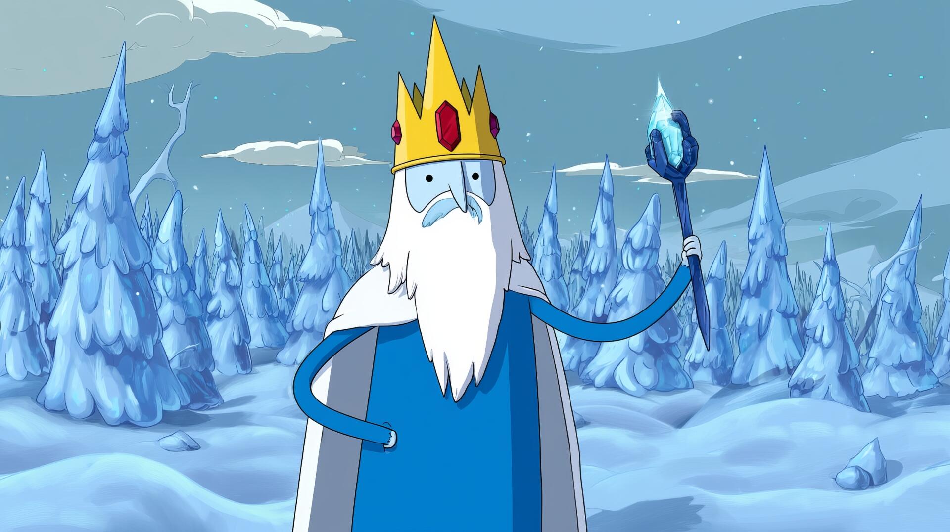 HD PC desktop wallpaper of Ice King from the TV show Adventure Time — a bearded, blue-robed king holding an icy staff amid snow-covered trees and a cloudy winter sky.
