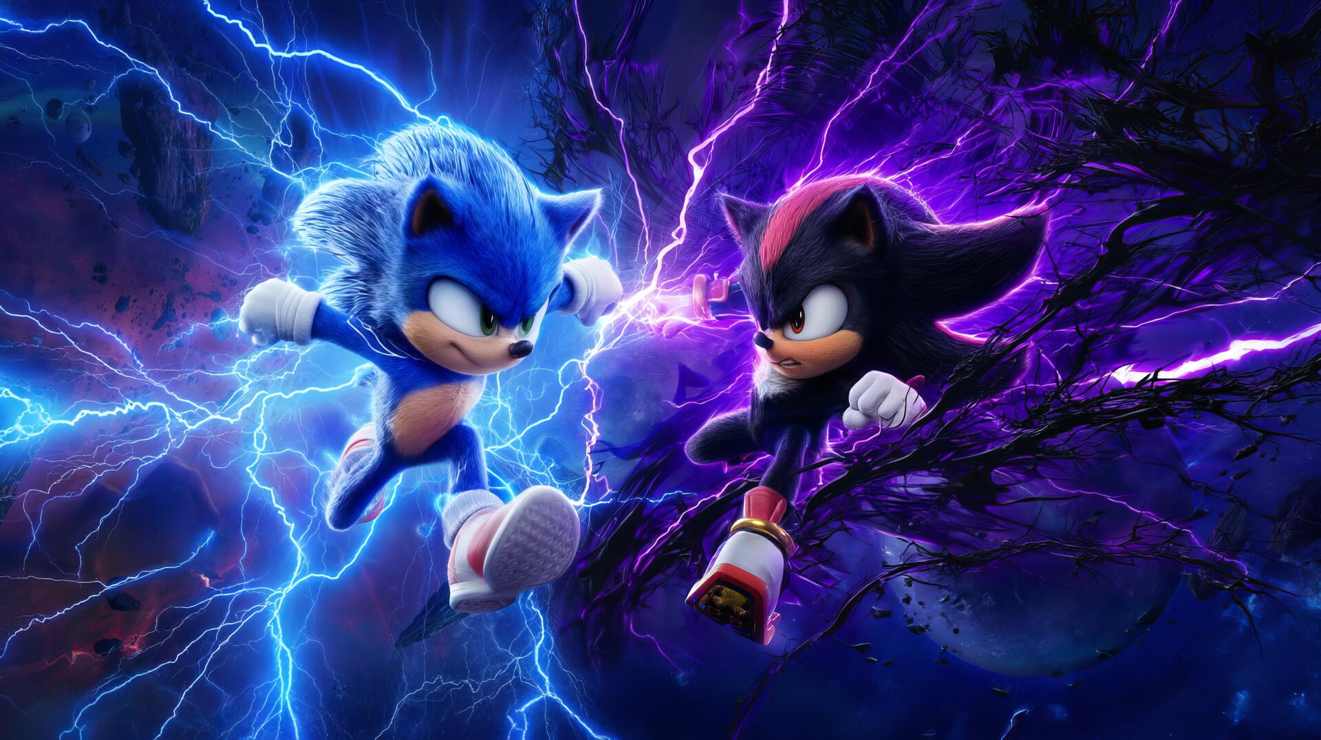 2K Quad HD PC desktop wallpaper of Sonic the Hedgehog and Shadow the Hedgehog locked in a mid-air clash amid blue and purple lightning from the Sonic the Hedgehog 4 movie.