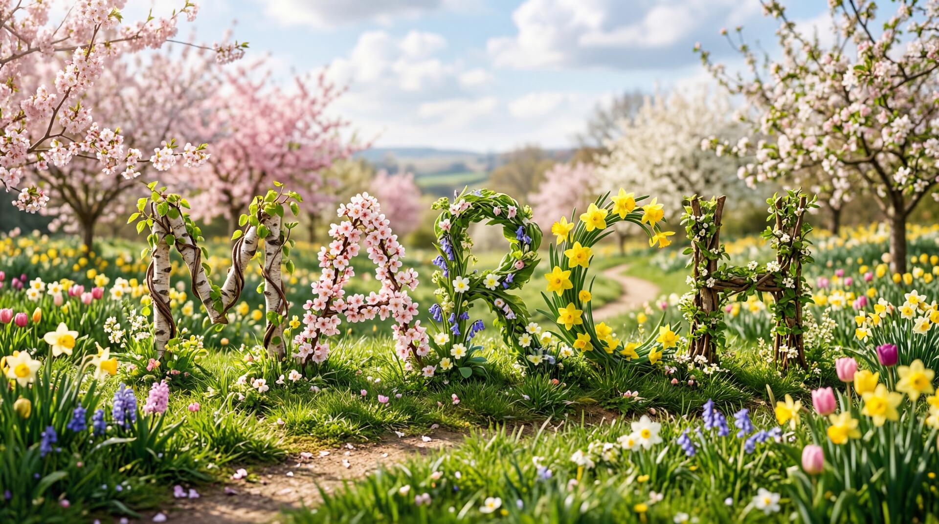 5K Ultra HD PC desktop wallpaper background: spring garden with blossom-covered letters spelling MARCH amid daffodils, tulips and cherry trees under a bright, cloud-dappled sky.
