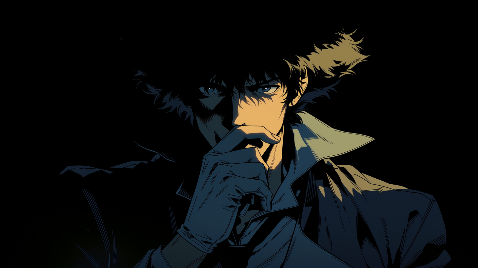 Dark anime 2K Quad HD PC desktop wallpaper of Cowboy Bebop's Spike Spiegel: shadowed profile with cigarette, furrowed gaze and upturned collar against a black background.