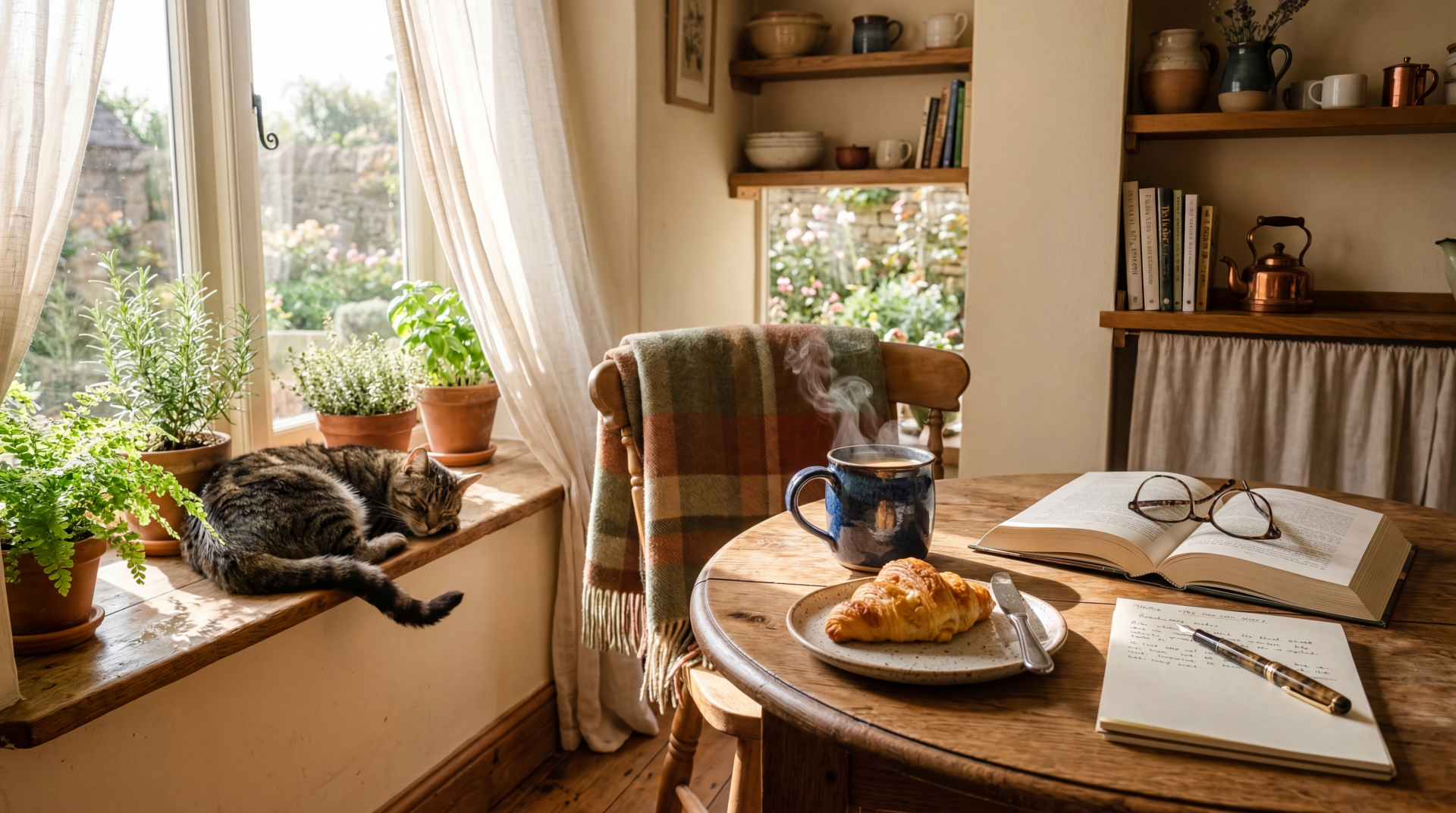 Cozy morning: sunlit kitchen nook with a cat on the windowsill, potted plants, steaming tea and croissant on a wooden table with an open book and glasses — 5K Ultra HD PC desktop wallpaper.