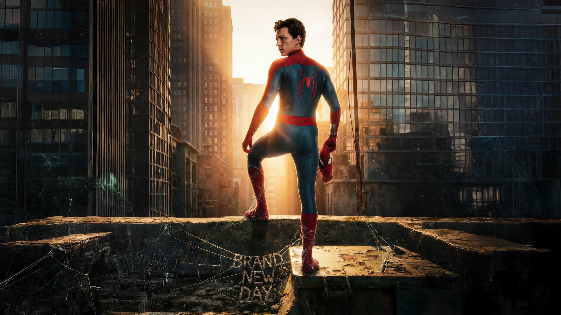 Spider-Man: Brand New Day — Spider-Man stands on a rooftop edge, overlooking a sunlit city skyline at dawn; 4K Ultra HD PC desktop wallpaper and background.